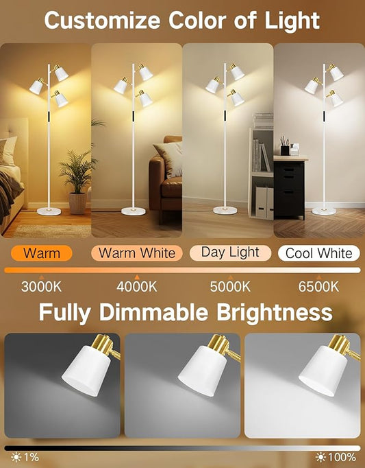 OUTON LED Tree Floor Lamp, Modern Dimmable Standing Lamp with Remote & Touch Control, 4 Color Temperatures, 3 Rotatable Lights Floor Lamps for Living Room, Bedroom, Office, White & Gold