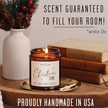 Christmas Candles Scented – ‘Christmas Time’ Soy Christmas Candle, w/Apple, Cinnamon, Clove - Infused with Essential Oils I Holiday Candles I 9oz, 50Hr, Made in USA