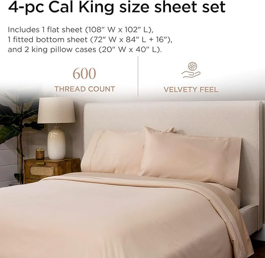 Threadmill 100% Cotton Sheets for Cal King Size Bed - 600 Thread Count Cal King Bed Sheets Set with 16” Deep Pocket - Sateen Weave 4-Piece Bedding Set with Cooling Effect, Beige