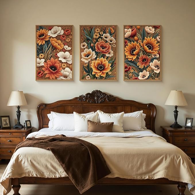 Large Boho Flower Botanical Framed Canvas Wall Art,Abstract Floral Wall Decor,Embroidery Plant Wall Painting,Bloom Wildflower Artwork for Living Room,Bedroom,Dining Room,Office -16"x24"x3