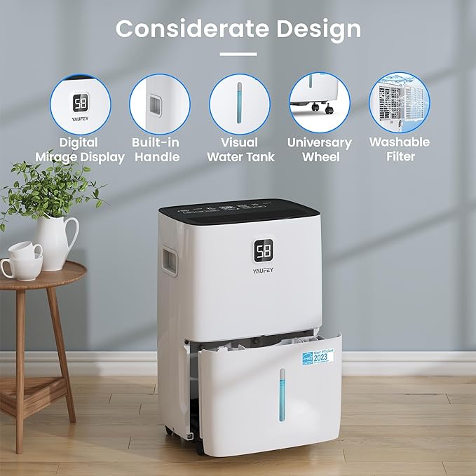 Yaufey 120 Pints Energy Star Dehumidifier for Home, Basement and Large Room up to 6000 Sq. Ft., with Drain Hose, Timer, Intelligent Humidity Control and Large Water Tank