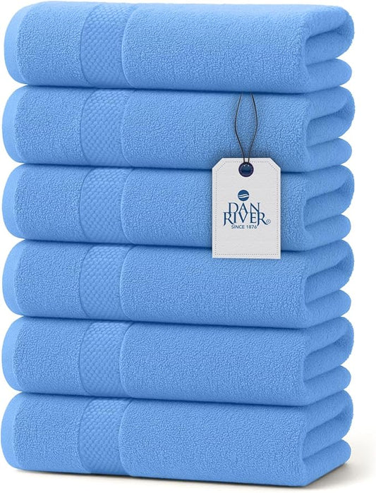 DAN RIVER 6-Pack Premium Hand Towels (16x28 Inches) - 100% Cotton, Ultra Soft, Lightweight, Highly Absorbent Towels for Bathroom, Spa, Gym, Salon, Hotel, and Travel - 550 GSM – M-Blue