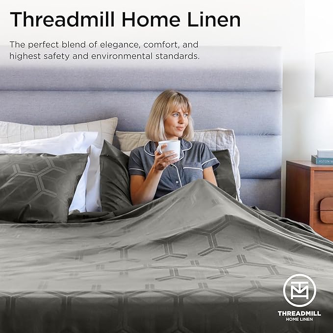 Threadmill 100% Cotton Sheets for Queen Size Bed - 600 Thread Count Queen Bed Sheets Set with 16” Deep Pocket - Jacquard Sateen Weave 4-Piece Bedding Set with Cooling Effect, Dark Grey