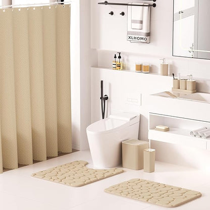 Bathroom Accessories Set - 25PC Bathroom Sets with Shower Curtain and Rugs, Beige Bathroom Set with Trash Can, Soap Dispenser, Soap Dish & Toilet Brush