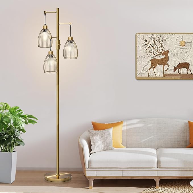 Dimmable Floor Lamp, 3 x 800LM LED Edison Bulbs Included, Farmhouse Industrial Floor Lamp Standing Tree Lamp with Elegant Teardrop Cage Tall Lamps for Living Room Bedroom Office Dining Room-Brass