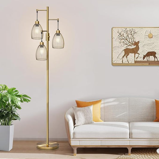 Dimmable Floor Lamp, 3 x 800LM LED Edison Bulbs Included, Farmhouse Industrial Floor Lamp Standing Tree Lamp with Elegant Teardrop Cage Tall Lamps for Living Room Bedroom Office Dining Room-Brass
