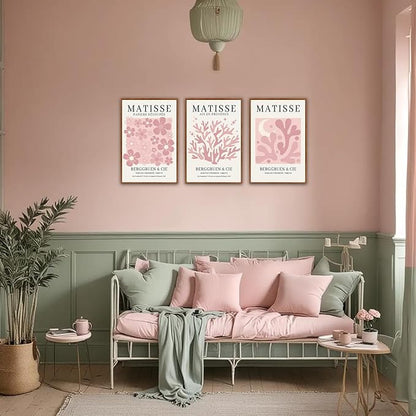 HLNIUC Pink Matisse Picasso Framed Wall Art,Neutral Pink Flower Canvas Wall Decor Set of 3(16”x24’) Modern Aesthetic Pictures Wall Painting,Abstract Floral Market Art Print for Living Room,Bedroom