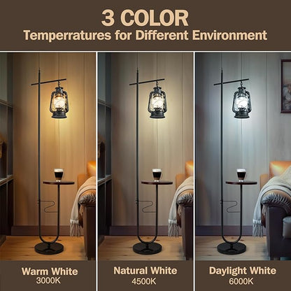 Vintage Floor Lamp with Table,Classical Lantern Standing Rustic Farmhouse Nightstand Hanging Arc Floor Lamp with Black Silver Finish,for Living Room,Bedroom,Reading Room(Silver)