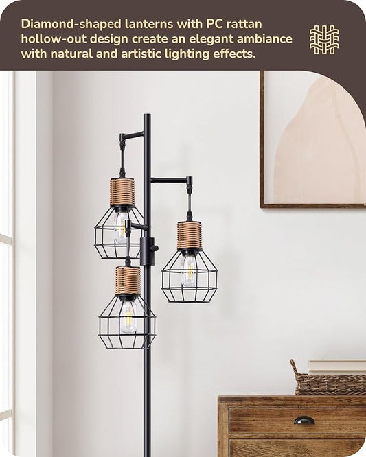 EDISHINE Dimmable Farmhouse Floor Lamp for Living Room, Industrial Black Standing Lamp with 3 LED Edison Bulbs, Corner Rustic Rattan Tall Tree Reading Lamps Home Decor for Bedroom, Office