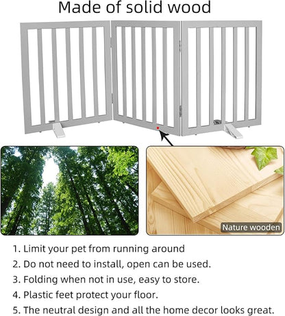 Dog Gate Indoor, Freestanding Dog Fence for The House, Doorways, Hallways,or Stairs,Pet Gate Foldable Wooden,Expandable 32" Height 3 Panels,Grey