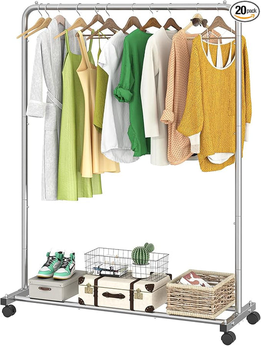 Simple Trending Standard Clothes Clothing Garment Rack with Storage Shelves, Rolling Clothes Organizer on Wheels for Hanging Clothes, Silver