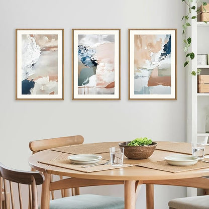 Large Abstract Brush Strokes Framed Canvas Wall Art,Neutral Navy Blue Wall Decor,Modern Pastel Wall Painting,Grey White Toned Artwork for Living Room,Bedroom,Dining Room,Office -16"x24"x3