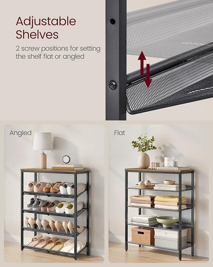 VASAGLE Shoe Rack for Entryway, 5-Tier Shoe Rack Organizer with Storage Shelves and Spacious Top, Freestanding, Adjustable, Industrial, Honey Brown and Ink Black ULBS038K01