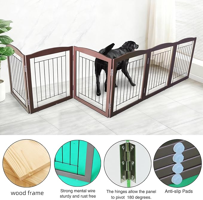 ZJSF Freestanding Foldable Dog Gate for House Extra Wide Wooden Brown Puppy Gate Stairs Dog Gates Doorways Tall Pet Gate 24 "Height 6 Panels Pet Fence