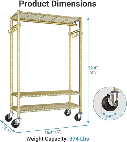 VIPEK R3 Heavy Duty Clothes Rack with Lockable Wheels, Rolling Portable Closet with Adjustable Shelves & Hanging Rod & Side Hooks, Compact Space-Saving Storage for Small Apartments/Dorms (Gold)