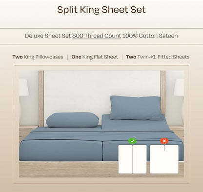 California Design Den Split King Sheets Sets for Adjustable Bed -Buttery Soft 800 Thread Count 100% Cotton Set, Beats Fake Egyptian Claims, Sateen Bedding Set with Durable Twin XL Fitted Sheets (Blue)
