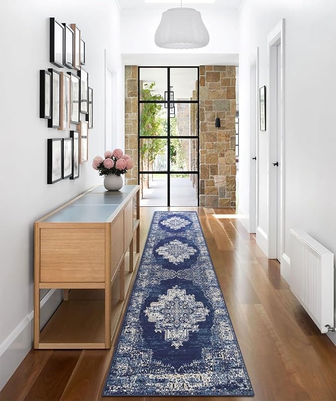 vivorug Runner Rug 2'x7' Machine Washable Non-Slip Runners for Hallways Kitchen Entryway Laundry Room Vintage-Inspired Carpet Hallway Runner Navy Blue