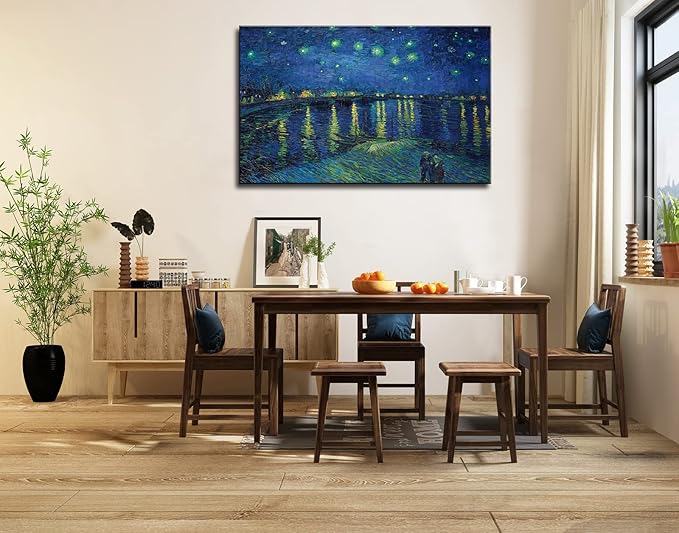Vincent Van Gogh Canvas Wall Art - Starry Night Over The Rhone Painting, Large Famous Artwork Picture Print for Home Decor 32"x48"