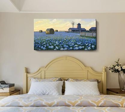 ARTZON Large Wall Art Farmhouse Sunset Flower Art work Rustic Farm Daisy Wildflower Barn Canvas Print Landscape Blue Yellow Picture Nature Floral Artwork for Living Room Bedroom Office Decor 48"x24"