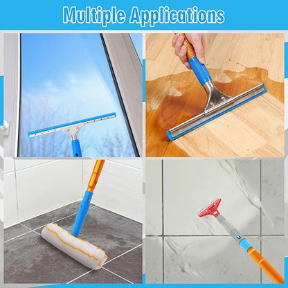 Leinuosen 6-30ft High Window Cleaning Kit with Titanium Alloy Extension Pole 2 in 1 Window Squeegee Scrubber Washable Dust Brush Tools for Indoor Outdoor High Windows Roof Ceilings Wall Car Glass
