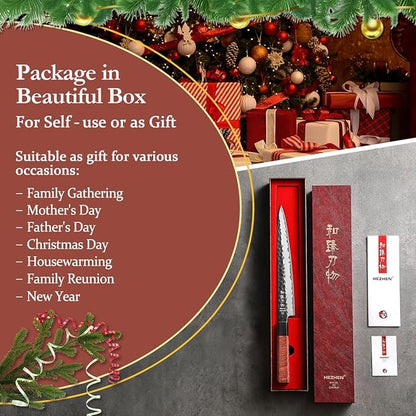 HEZHEN Carving Knife, 10 Inches, Meat Cutting and BBQ Knife, 3 Layers High Carbon Clad Steel Brisket Slicing,Breaking Butcher, Redwood Octagonal Handle