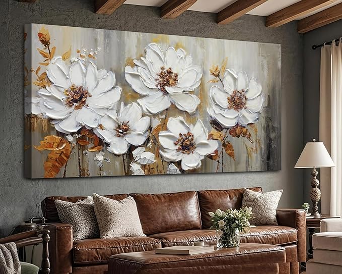 Acocifi Canvas Art Wall Decor Textured Floral Wall Art, Extra Large Living Room Bedroom, Vintage White Floral Painting Picture Artwork for Dining Room Office Home Decor 58"x29"