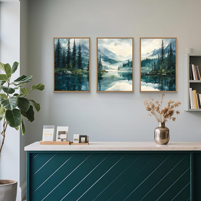 HLNIUC Green Foggy Forest Mountain Wall Art Framed,Large Boho Watercolor Pine Tree Wall Decor set of 3 (24"x36"), Nature Dark Lake Landscape Scenery Canvas Painting for Living Room, Bedroom, Office