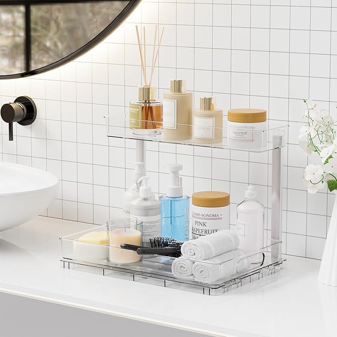 Yieach 2-Tier Under Sink Organizers and Storage,2 Pack Bathroom Cabinet Organization,Pull Out Shelves Drawers for Undersink Cleaning Supplies Organizer,Inder Sink Cabinet Storage for Kitchen,Clear