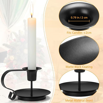 Black Metal Taper Candle Holders Set of 2, Vintage Chamberstick Candle Holder with Handle for Taper Candles, Farmhouse Rustic Candle Holders for Table Decor, Halloween Christmas Decoration