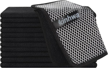 KinHwa Kitchen Washcloths for Dishes Absorbent Microfiber Dish Cloths Quick Dry Dish Rags with Poly Scour Scrub Side Ideal for Kitchen Cleaning (Black, 7inchx7inch 12 Pack)