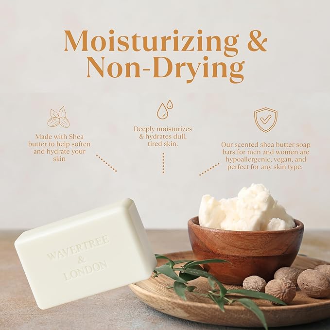 Wavertree & London Honey & Almond Scented Natural Soap Bar, 7oz Moisturizing French Triple Milled Soap Bar for Women & Men Enriched with Organic Shea Butter, Pure Bath & Body Soap (1 Bar)