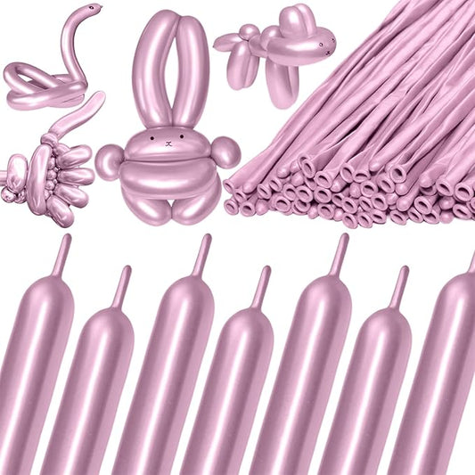 KAWKALSH 260 Metallic Pink Long Balloons for Balloon Garland Thickening Skinny Latex Twisting Animals Modeling Christmas Birthday Wedding Party Festival Decorations 100pcs