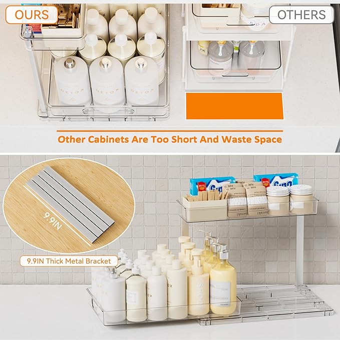 Yieach 2-Tier Under Sink Organizers and Storage,2 Pack Bathroom Cabinet Organization,Pull Out Shelves Drawers for Undersink Cleaning Supplies Organizer,Inder Sink Cabinet Storage for Kitchen,Clear