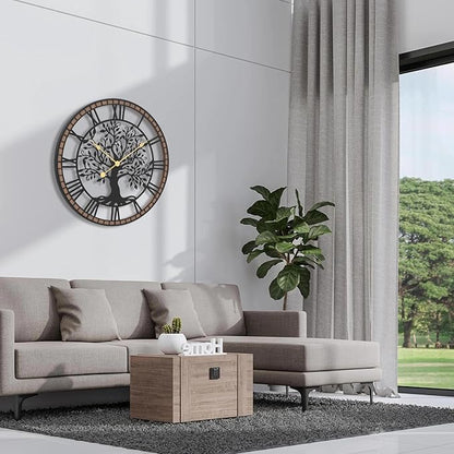 Micasso Non-Ticking Oversize Wall Clock: 38Inch Tree of Life Metal with Solid Wood Frame - Silent Battery Operated Clock for Living Room/Fireplace/High-Ceiling - Home Decor for Homemakers