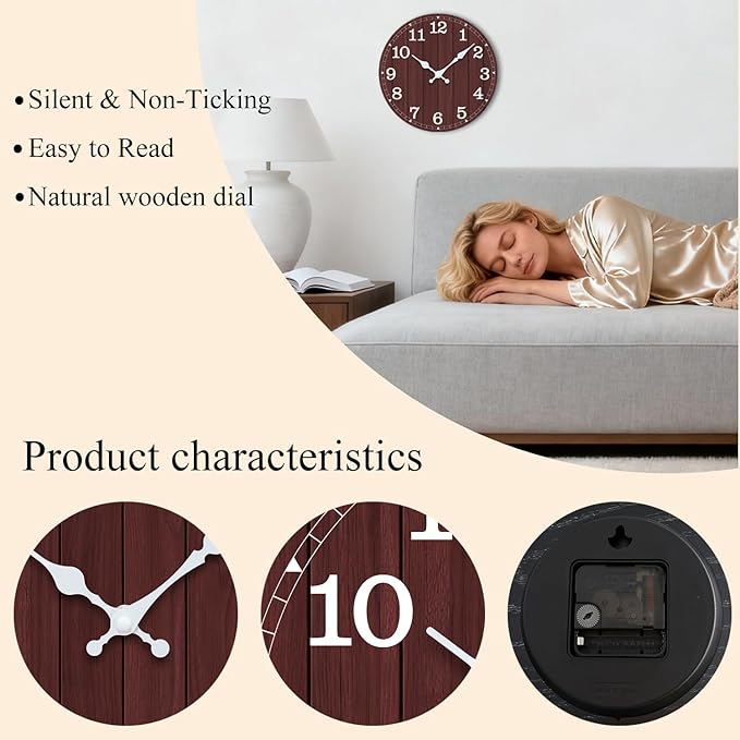 Wall Clock Battery Operated 8 Inch Brown Silent Non Ticking Country Rustic Design Vintage Retro Decorative for Bathroom Kitchen Bedroom