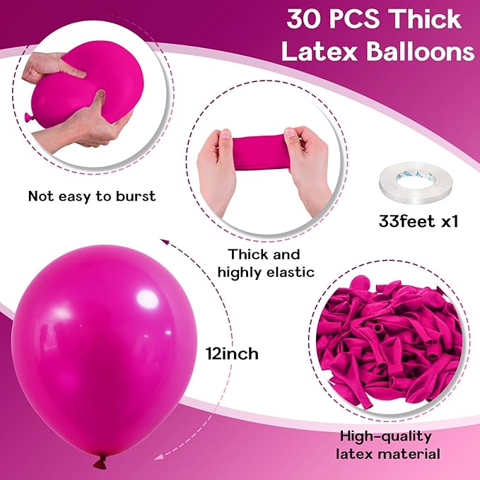 Hot Pink Balloons, 12 Inch 30 Pcs Bright Neon Pink Party Balloon Magenta Fuschia Helium Balloon for Women Girls Birthday Princess Wedding Bridal Shower Summer Wedding Party Decor