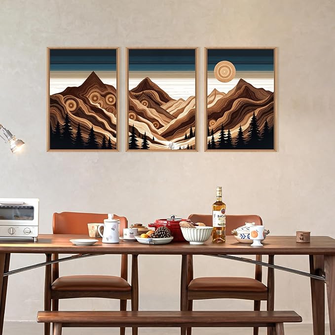 Large Abstract Mountain Woodcut Framed Canvas Wall Art,Modern Tree Ring Wall Decor,Sunrise Ridge Scenery Wall Painting,Retro Desert Artwork for Living Room,Bedroom,Dining Room,Office -24"x36"x3
