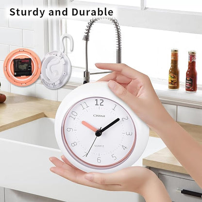 OSTAR Waterproof Bathroom Shower Clock, Analog Quartz Clock Hanging Stand Dual Purpose, One AA Battery Operated 4.72 inch Round Size