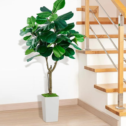 Fiddle Leaf Fig Tree, 6ft Artificial Tree with White Tall Planter, Large Faux Plants Indoor, Fake Fig Tree in Pot for Home Office Bedroom Living Room Decor Garden Outdoor Housewarming Gift