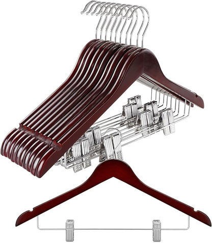 TOPIA HANGER Wooden Suit Hangers with Adjustable Metal Clips (10 Pack), Solid Wood Clothes Hangers, 360° Swivel Hook, Premium Pants Hangers for Clothes Coat, Jeans, Blouse- Cherry CT28M
