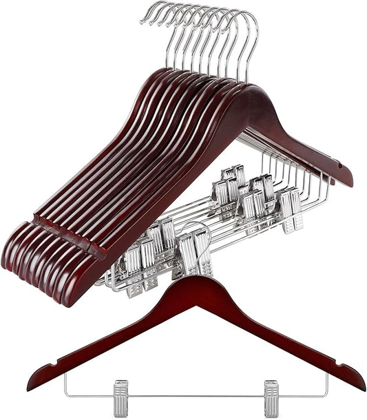TOPIA HANGER Wooden Suit Hangers with Adjustable Metal Clips (10 Pack), Solid Wood Clothes Hangers, 360° Swivel Hook, Premium Pants Hangers for Clothes Coat, Jeans, Blouse- Cherry CT28M