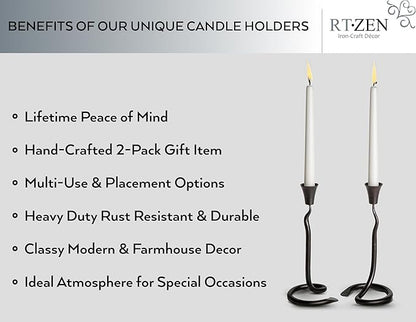 RTZEN Decorative Taper Candle Holders - Modern Wrought Iron Blacksmith Large Farmhouse Candlestick Holders Stand 2 Pack Set - Black Tall Candle Holder for Table Centerpieces at Home or Events