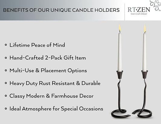 RTZEN Decorative Taper Candle Holders - Modern Wrought Iron Blacksmith Large Farmhouse Candlestick Holders Stand 2 Pack Set - Black Tall Candle Holder for Table Centerpieces at Home or Events