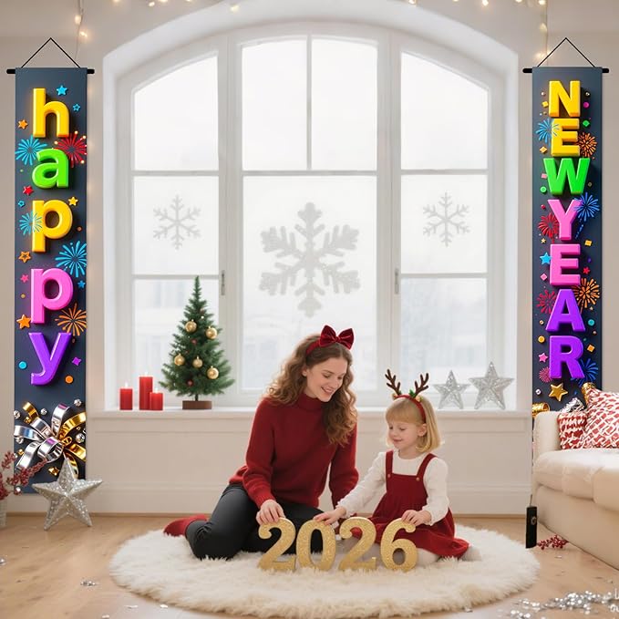 Nuxovilar Happy New Year Banner, 70.86" x 11.81" Colorful Letters Black Background Hanging Decorations for Outdoor Indoor Home Wall
