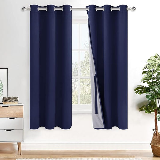 XWZO 100% Blackout Curtain Panels with Tiebacks- Thermal Insulated Black Liner Short Curtains, Noise Reducing and Heat Blocking Drapes for Hall and Studio Windows, Navy Blue, W38 x L72, Set of 2