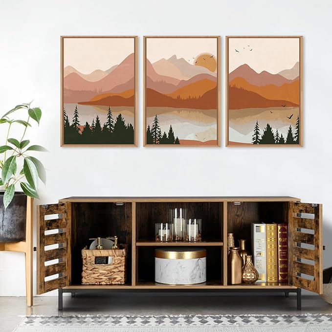 HLNIUC Boho Mountain Burnt Orange Wall Art Framed, Mid Century Modern Terracotta Wall Decor 24x36, Southwest Sunset 3 Piece Canvas Painting, Large Nature Picture for Living Room, Bedroom, Office