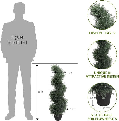 THE BLOOM TIMES 3ft Spiral Artificial Topiary Trees Set of 2, 36 inch Faux Cedar Trees for Outdoor Planters - Fake Twist Cypress Plants for Garden Front Porch Indoor Outside Christmas Decor 3 Foot