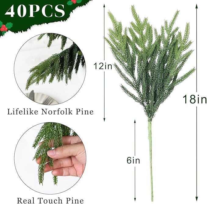 40 Pcs Real Touch Norfolk Pine Branches, Artificial Christmas Green Plants Branch Faux Greenery Stem Fake Pine Picks for Vase DIY Crafts Garland Wreath Xmas Indoor Outdoor Decor(18 Inches)