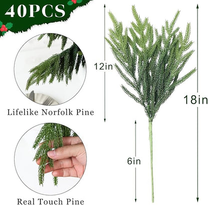 40 Pcs Real Touch Norfolk Pine Branches, Artificial Christmas Green Plants Branch Faux Greenery Stem Fake Pine Picks for Vase DIY Crafts Garland Wreath Xmas Indoor Outdoor Decor(18 Inches)
