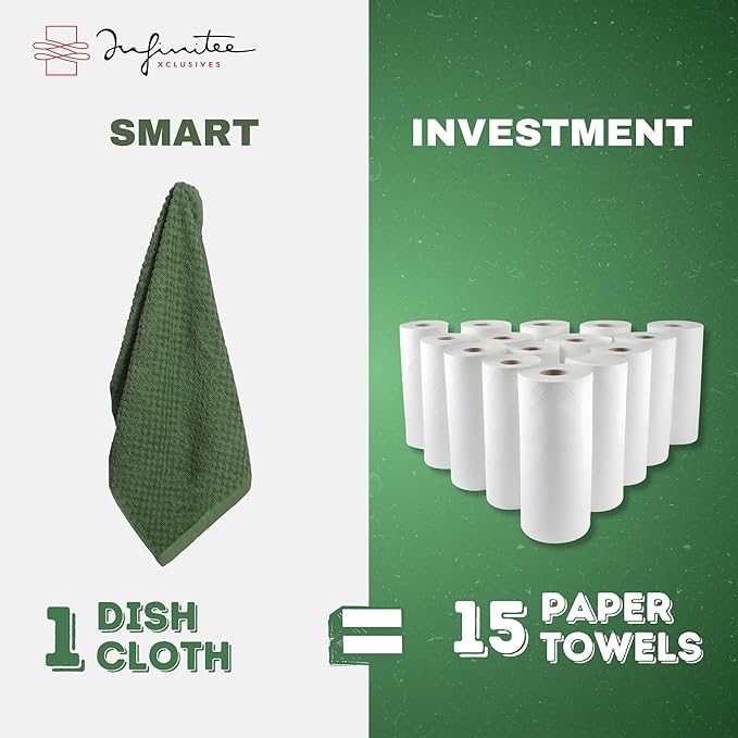 Infinitee Xclusives Premium Dish Cloth 100% Cotton 12 x 12 Inches |Pack of 4|-Ultra Soft Tea Towels-Highly Absorbent Kitchen Rags-Terry Dishcloth for Kitchen and Household Cleaning |Sturdy Green|